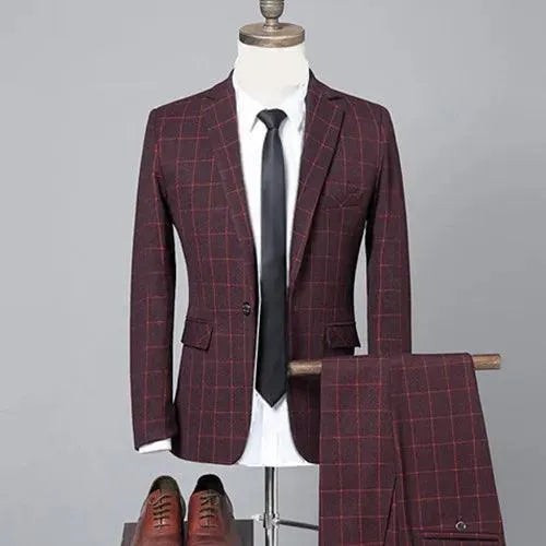 Elegant, Professional Men’s Suit - Plaid Single-Breasted - Burgundy