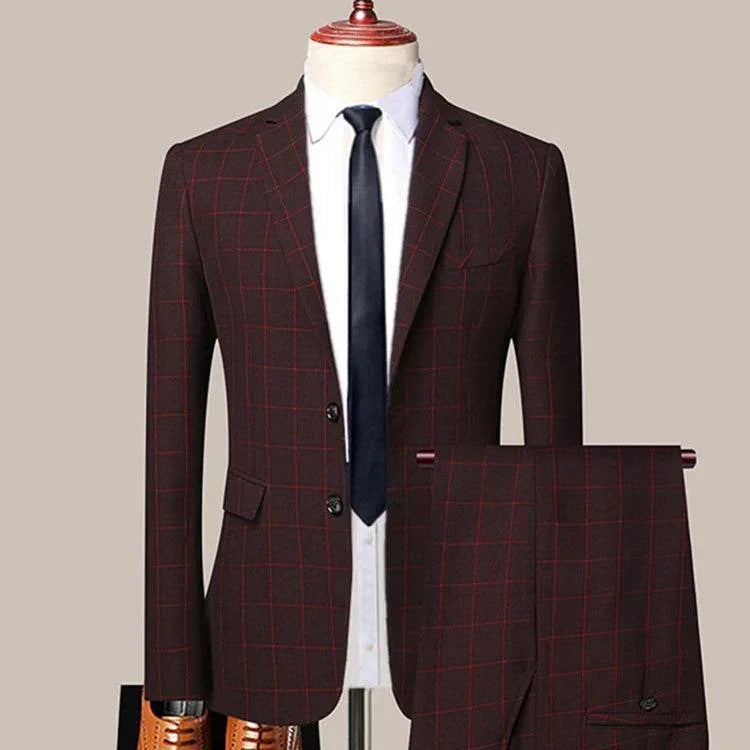 Elegant, Professional Men’s Suit - Plaid Single-Breasted - Burgundy