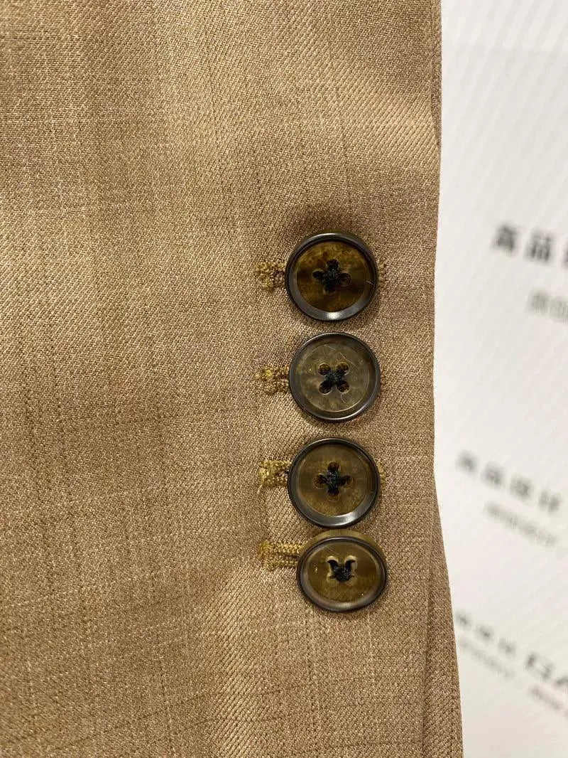 Elegant Professional Women's Pant Suit - Solid Button - Khaki