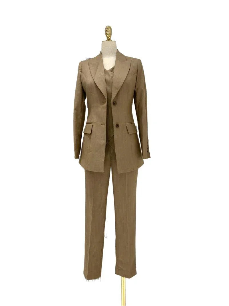 Elegant Professional Women's Pant Suit - Solid Button - Khaki