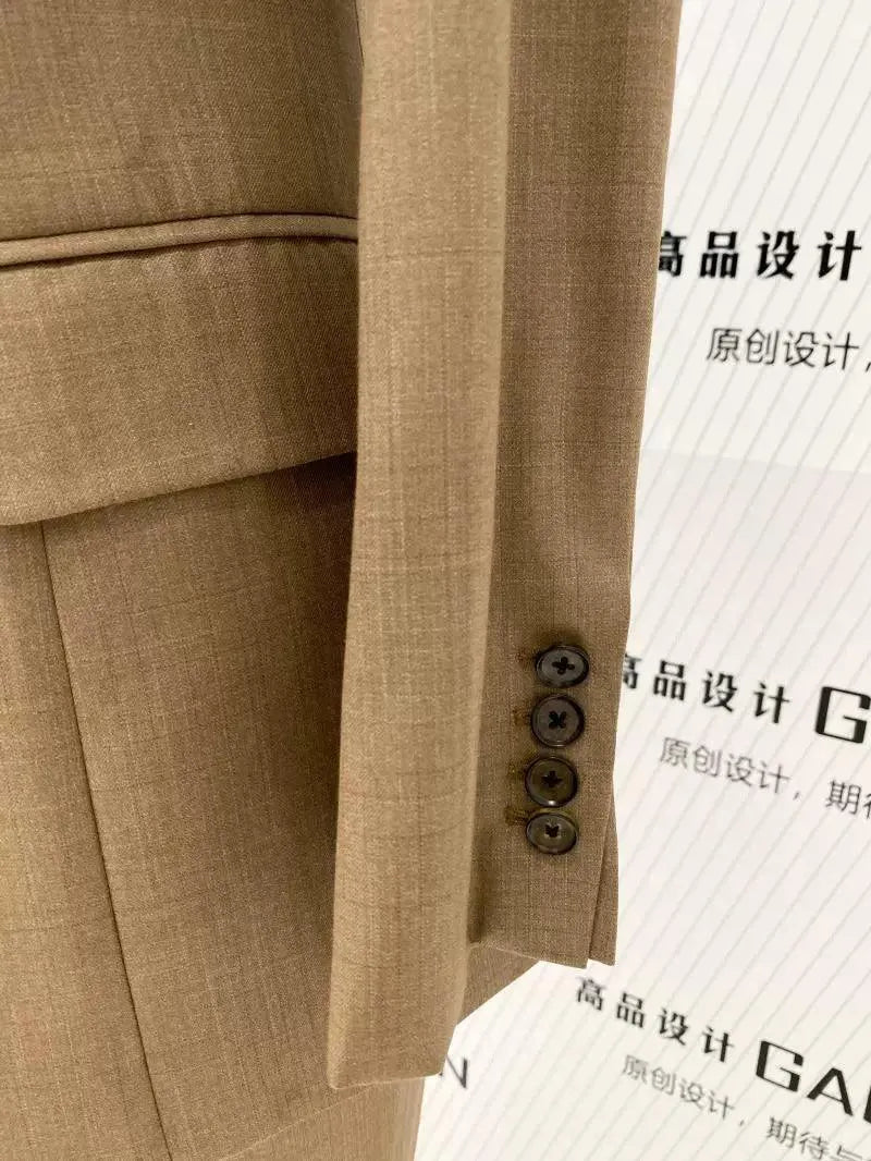 Elegant Professional Women's Pant Suit - Solid Button - Khaki