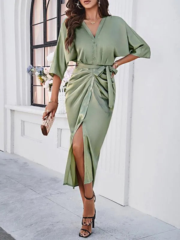 Elegant Solid Color Waist-Cinching Dress -Guocali
