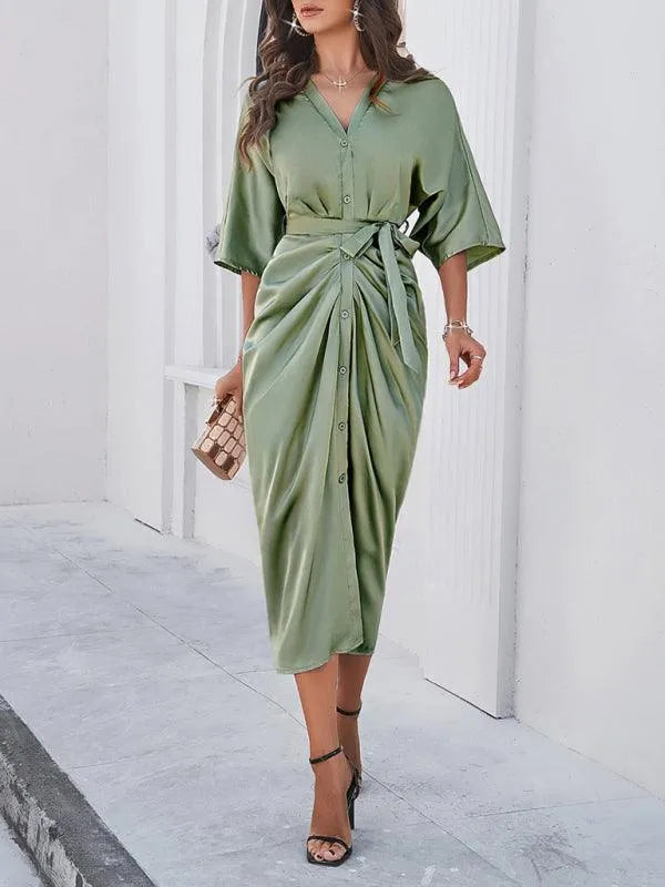 Elegant Solid Color Waist-Cinching Dress -Guocali