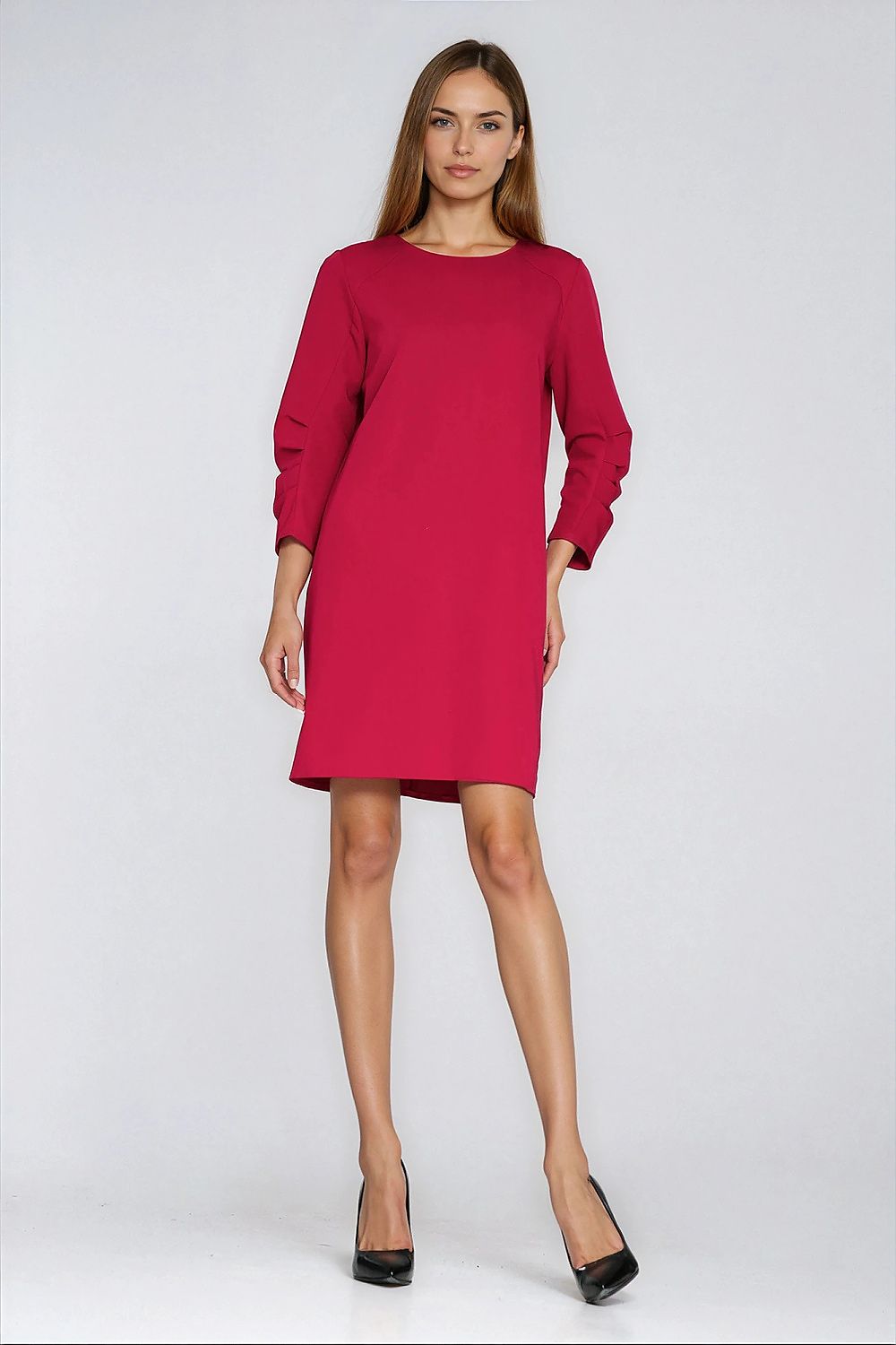 elegant solid round neck three quarter sleeves knee-length day dress – Daydress | GUOCALI – view 2