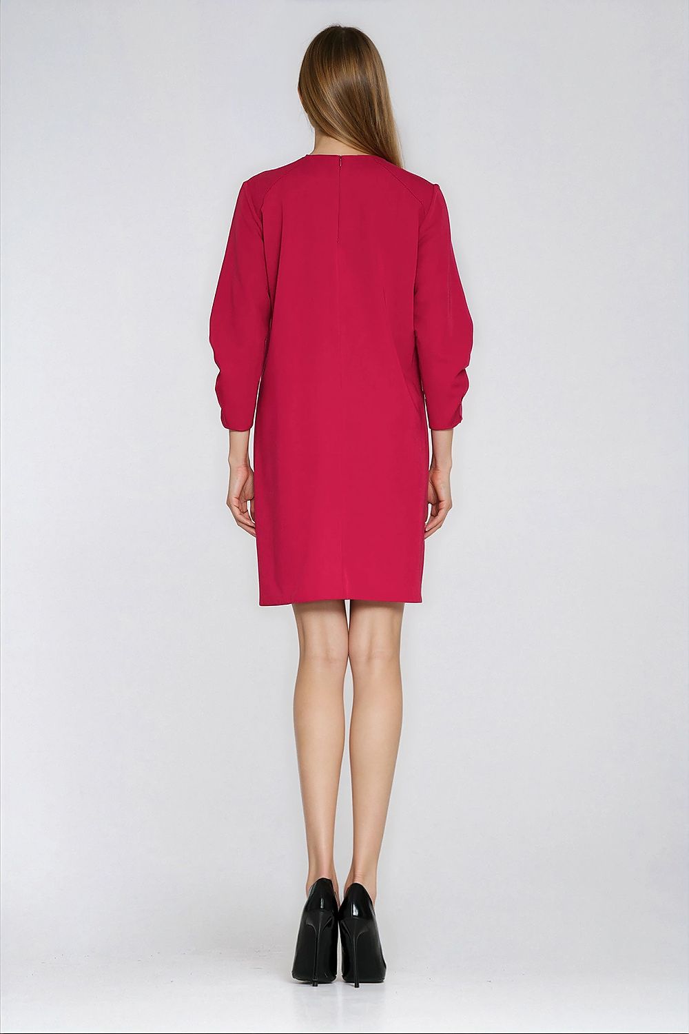 elegant solid round neck three quarter sleeves knee-length day dress – Daydress | GUOCALI – view 3