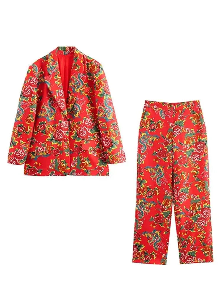 Elegant Women's Pant Suit - Floral Single-Breasted