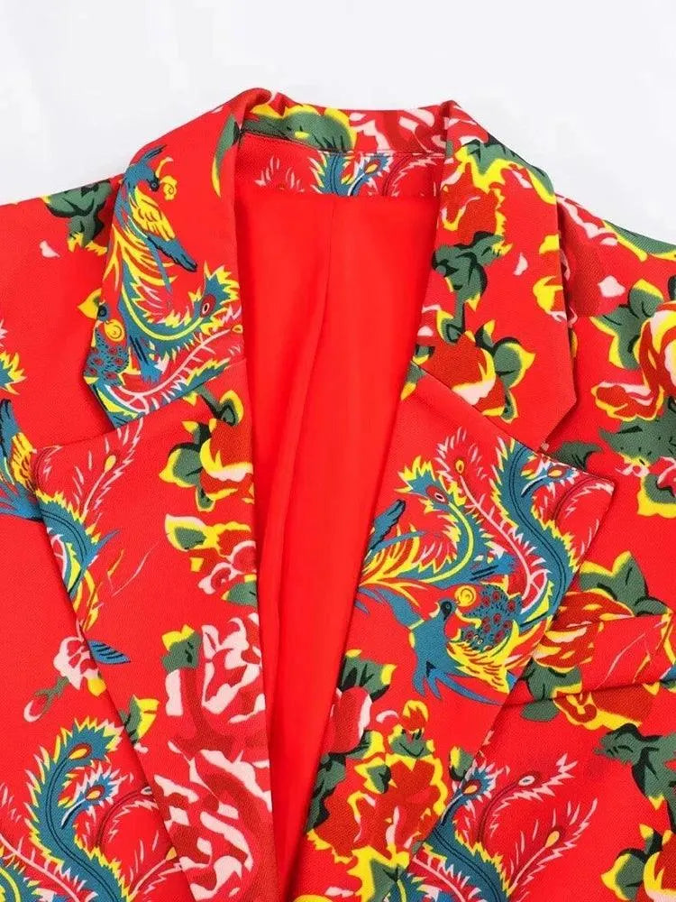 Elegant Women's Pant Suit - Floral Single-Breasted