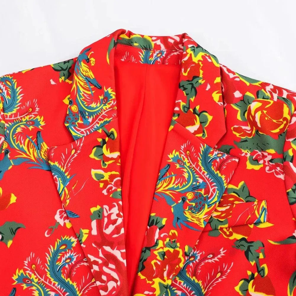 Elegant Women's Pant Suit - Floral Single-Breasted