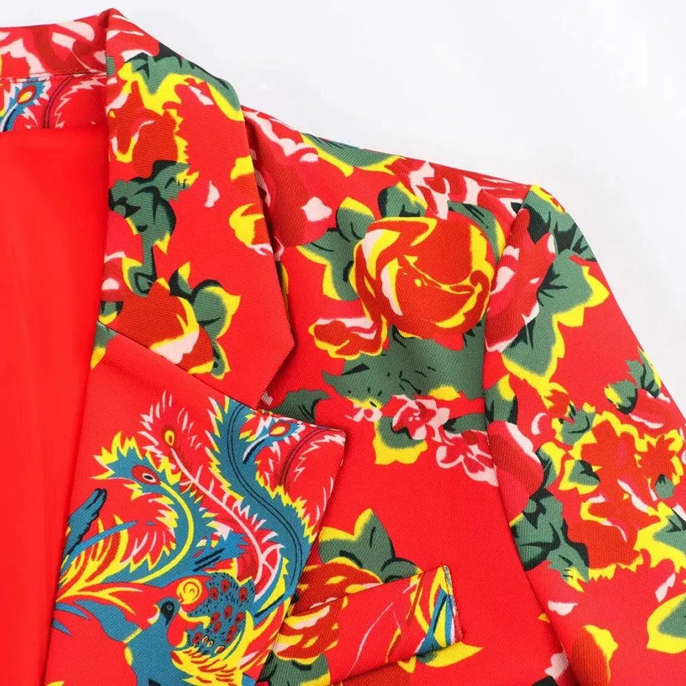 Elegant Women's Pant Suit - Floral Single-Breasted