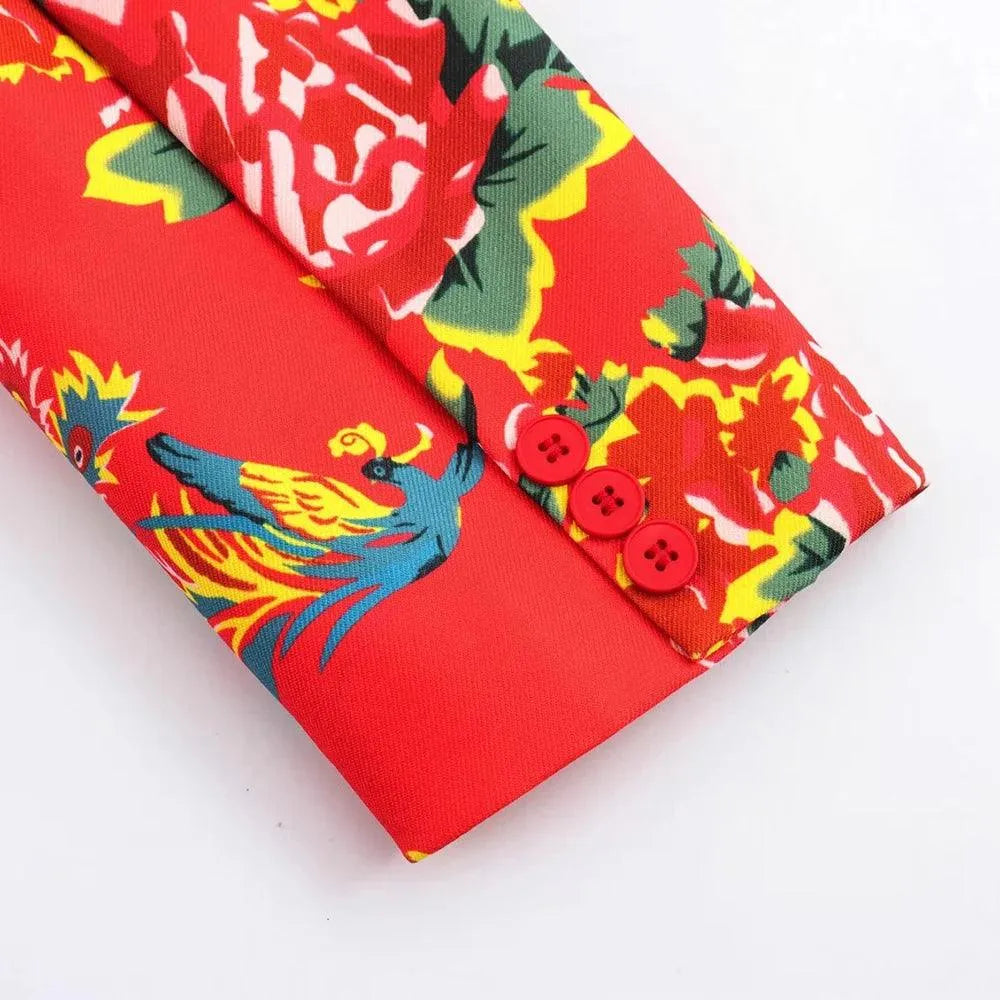 Elegant Women's Pant Suit - Floral Single-Breasted