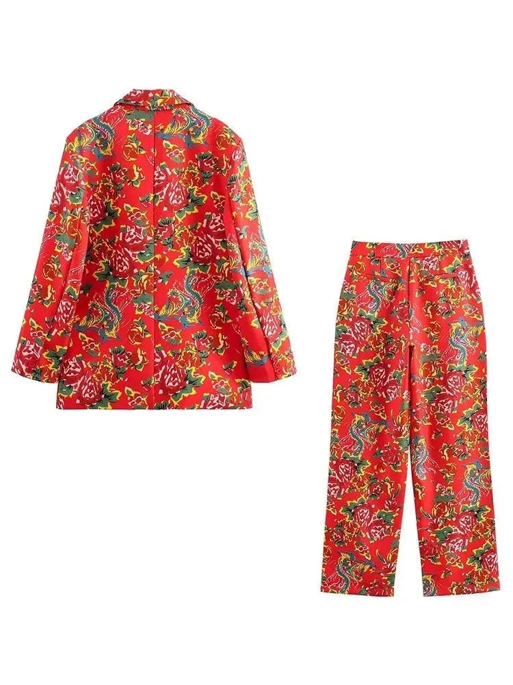 Elegant Women's Pant Suit - Floral Single-Breasted