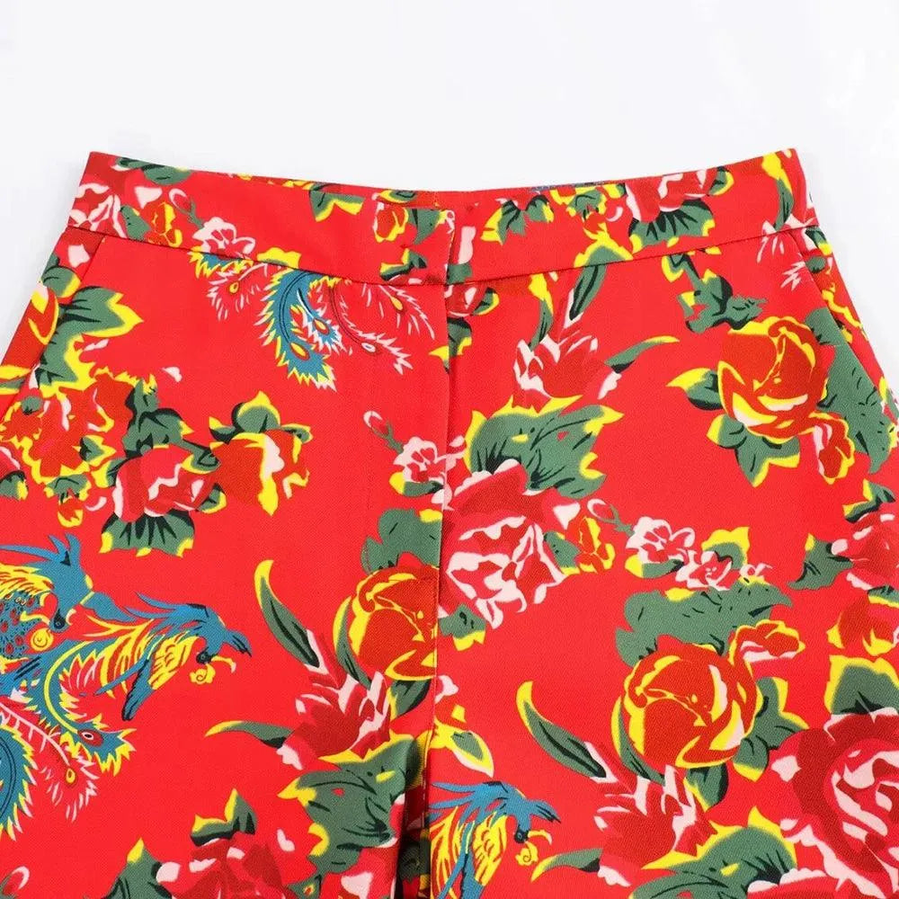 Elegant Women's Pant Suit - Floral Single-Breasted