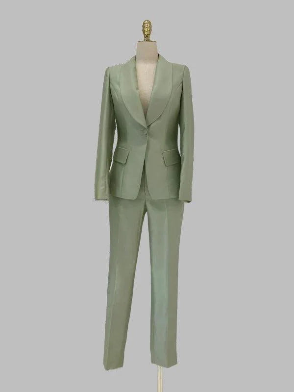 Elegant Women's Pant Suit - Solid Button, Green