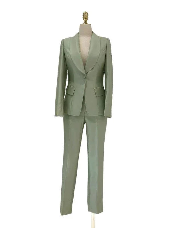 Elegant Women's Pant Suit - Solid Button, Green