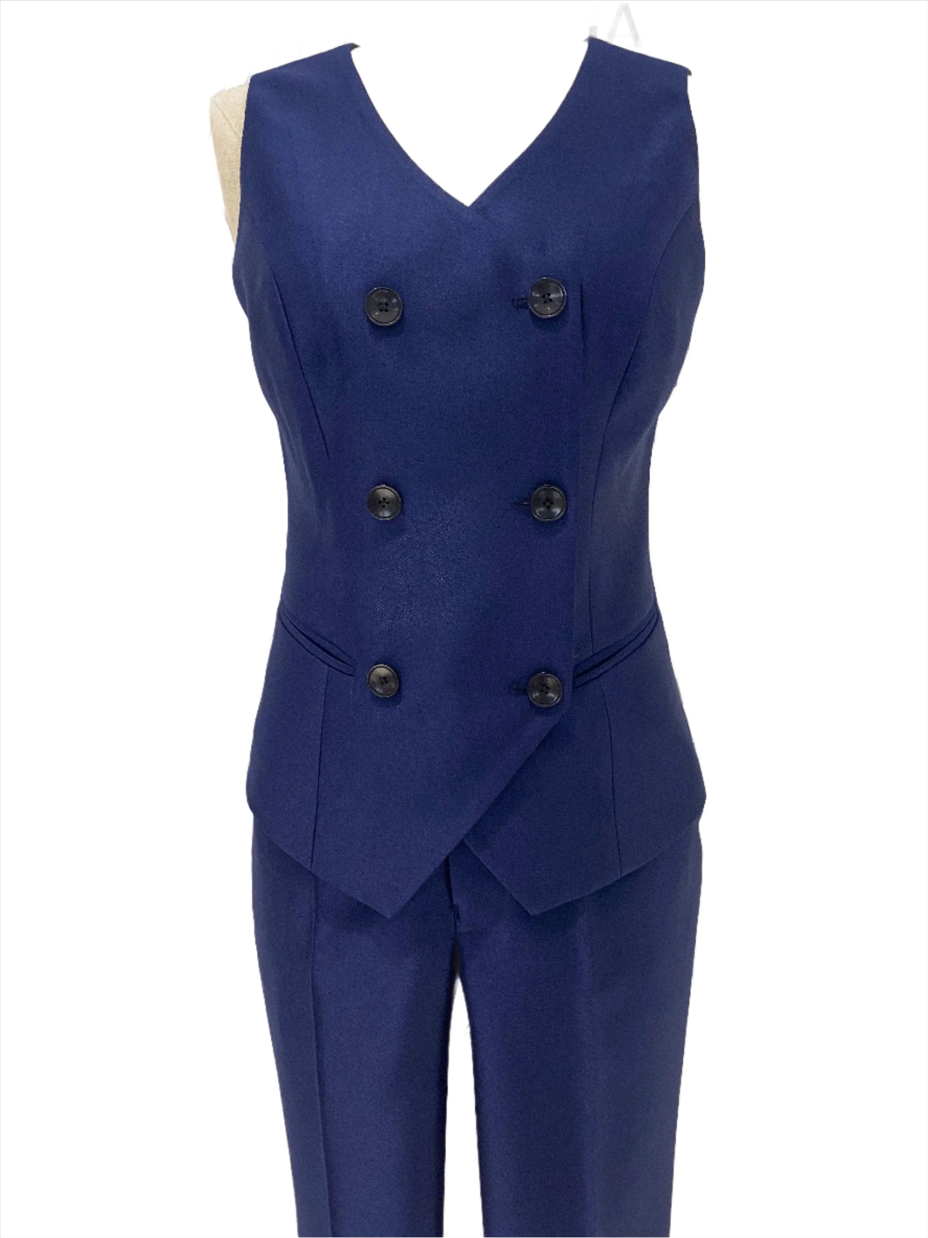 Elegant Women's Pant Suit - Solid Button - Navy