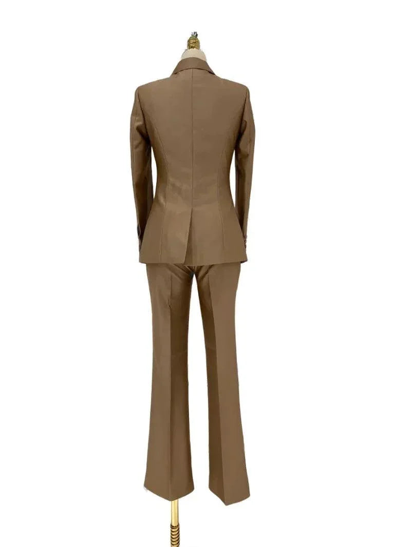 Elegant Women's Pant Suit - Solid Double-Breasted