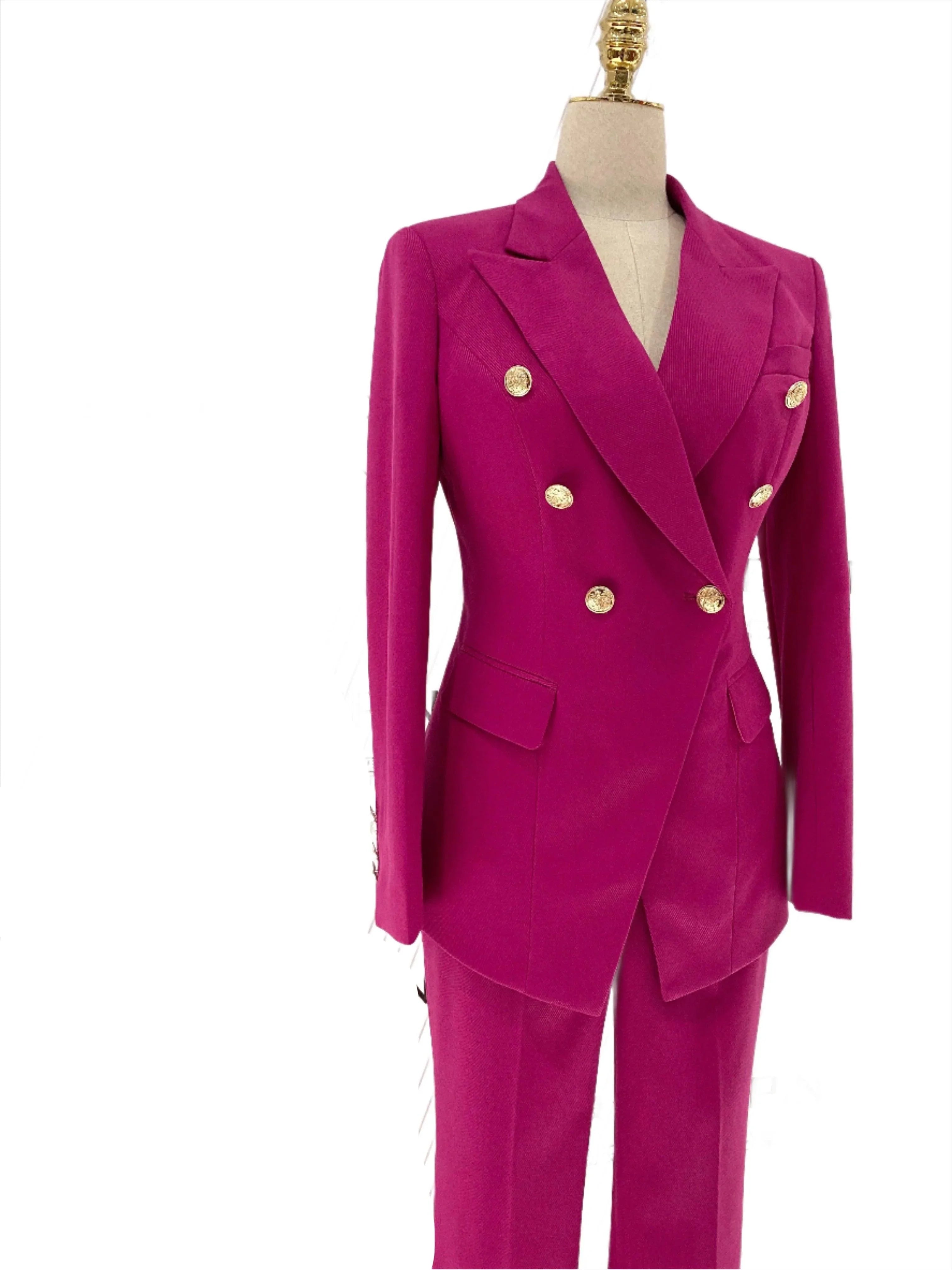 Elegant Women's Pant Suit - Solid Double-Breasted