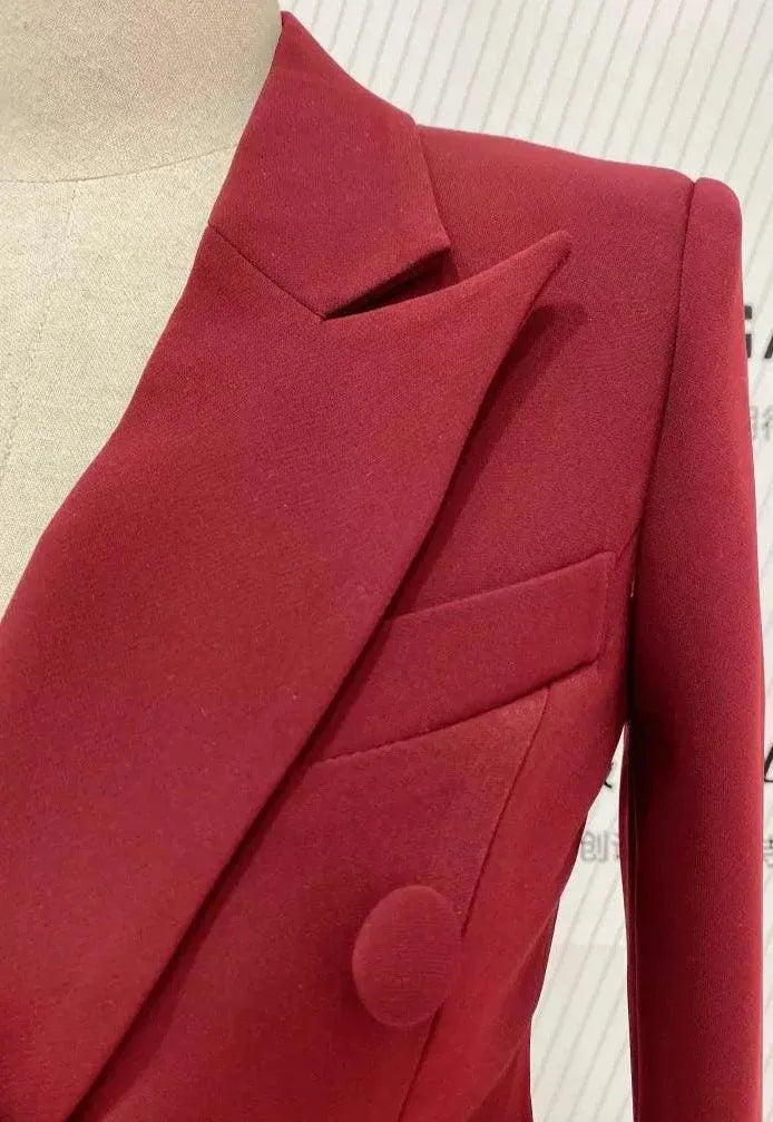 Elegant Women's Pant Suit - Solid Double-Breasted - Burgundy