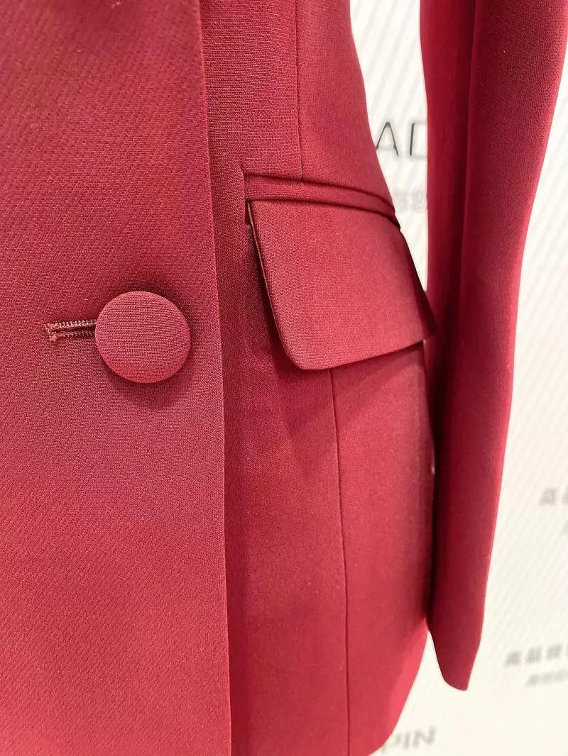 Elegant Women's Pant Suit - Solid Double-Breasted - Burgundy