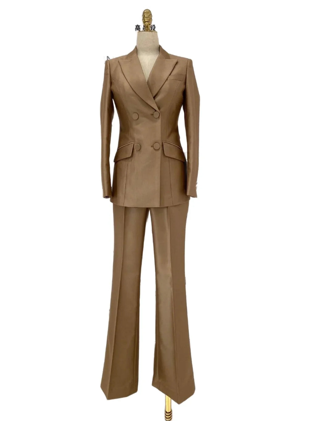 Elegant Women's Pant Suit - Solid Double-Breasted - Khaki