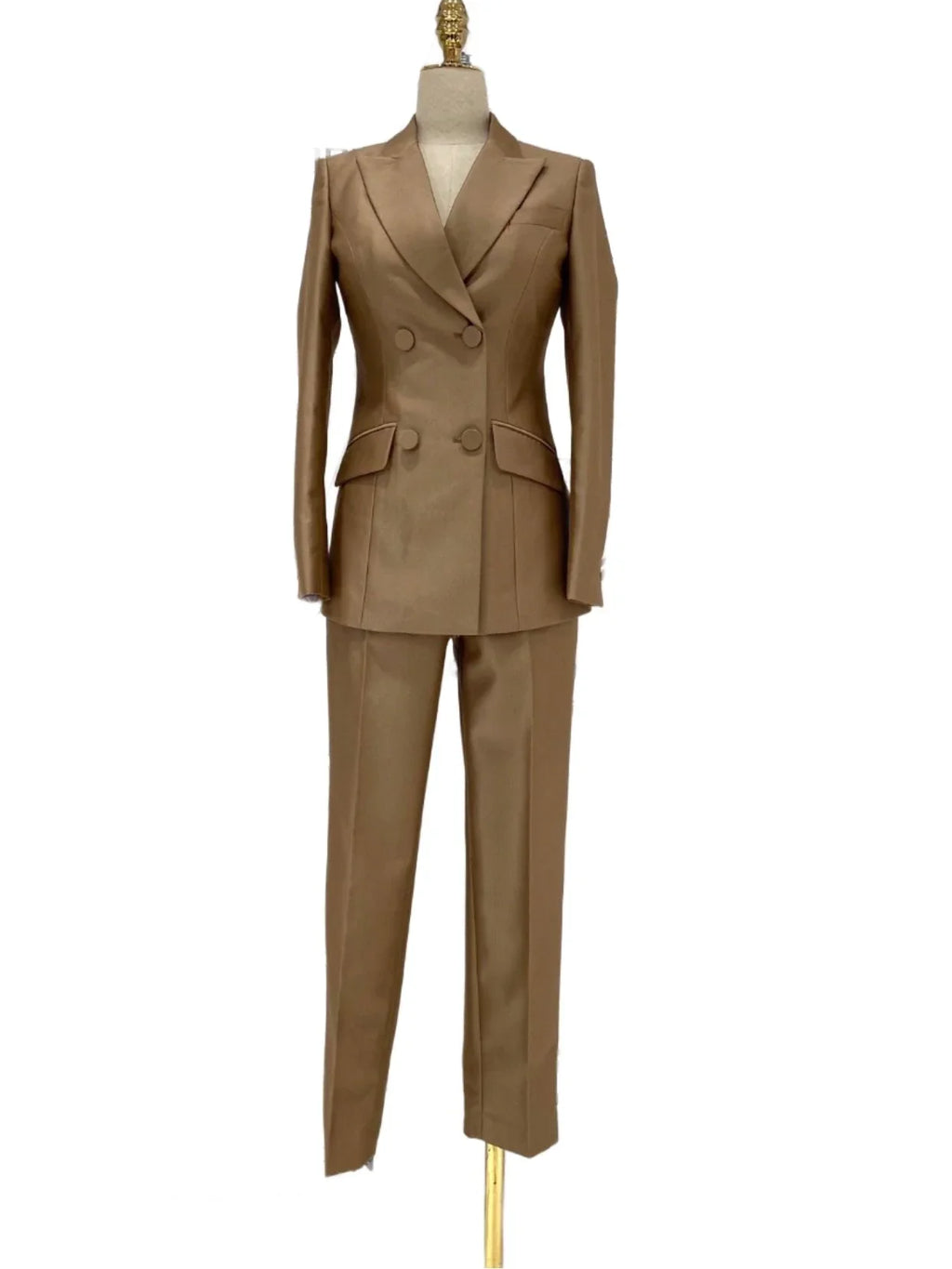 Elegant Women's Pant Suit - Solid Double-Breasted - Khaki