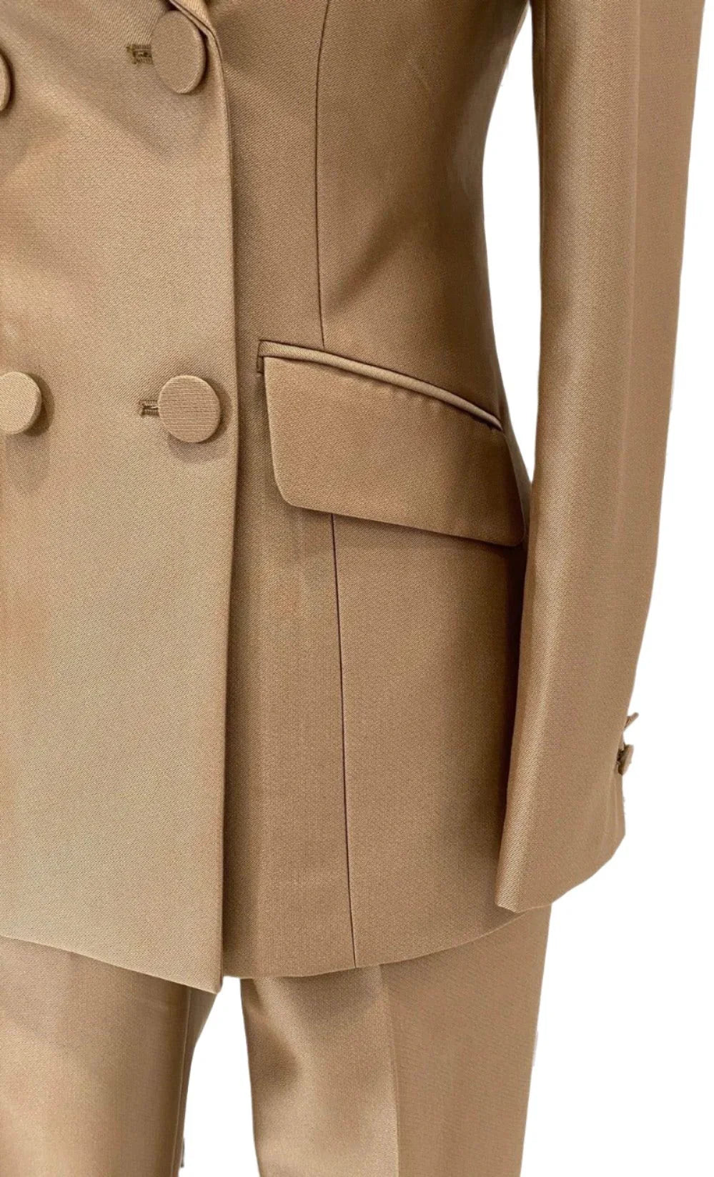 Elegant Women's Pant Suit - Solid Double-Breasted - Khaki