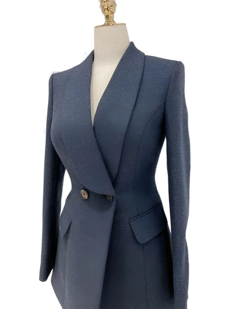 Elegant Women's Pant Suit - Solid Double-Breasted - Navy