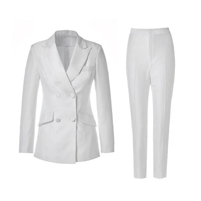 Elegant Women's Pant Suit - Solid Double-Breasted, White