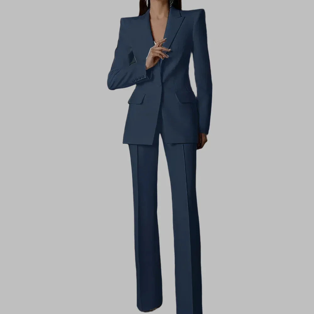 Elegant Women's Pant Suit - Solid Single-Breasted