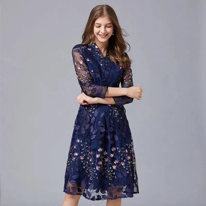 Embroidered V-Neck Floral Knee-Length Dress -Guocali