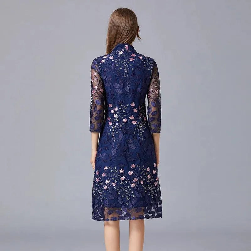 Embroidered V-Neck Floral Knee-Length Dress -Guocali