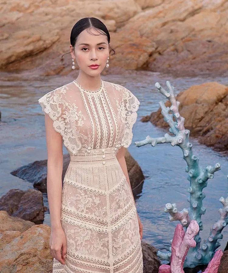 Embroidery Hollow Out Mid-Length Lace Dress -Guocali