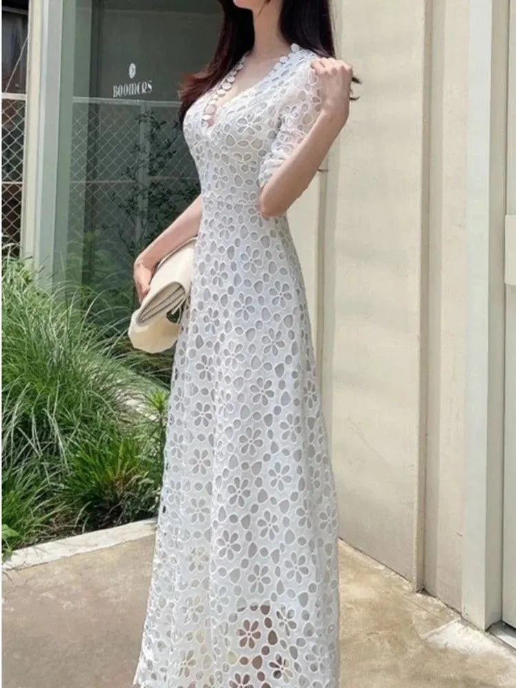 Fairy Style V-Neck White Lace Dress -Guocali