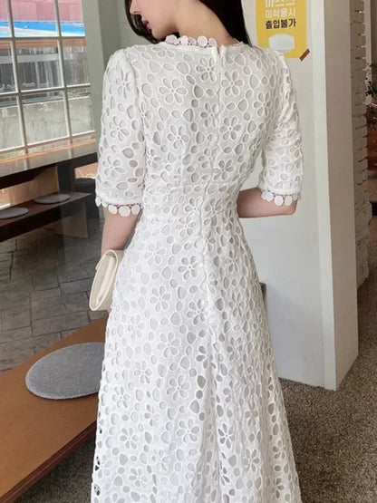 Fairy Style V-Neck White Lace Dress -Guocali