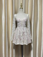 Fairycore Strapless Sweetheart Neckline Lace Dress - Illusion Long Sleeves -Guocali