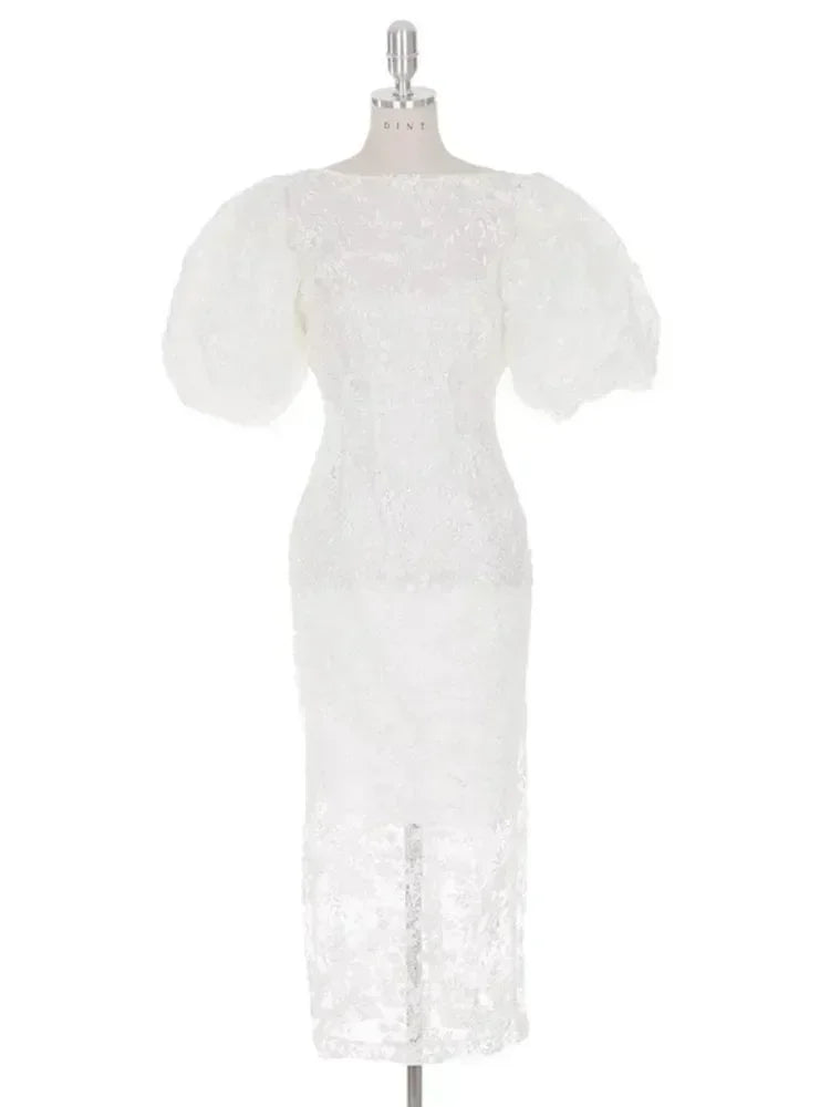 Fashion Bubble Sleeves Lace Sequin Long Dress -Guocali