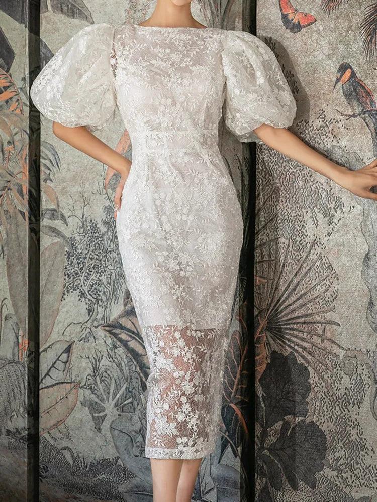 Fashion Bubble Sleeves Lace Sequin Long Dress - Long Dress - Guocali