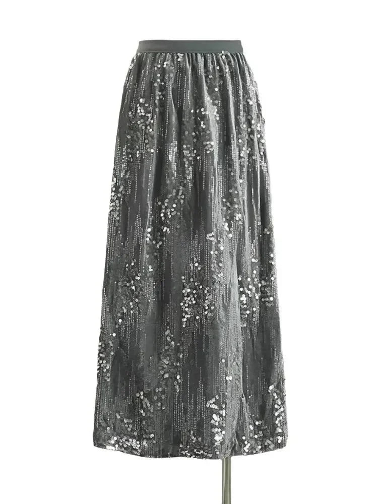 Fashion Women's Sequined A-Line Skirt High Waist Mid Length -Guocali
