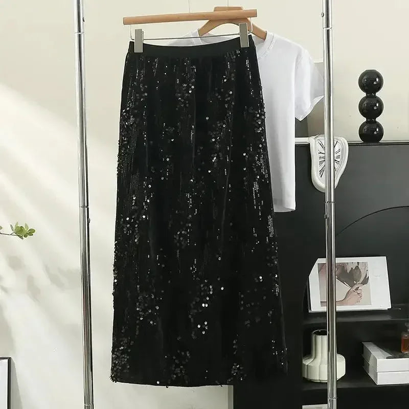 Fashion Women's Sequined A-Line Skirt High Waist Mid Length -Guocali