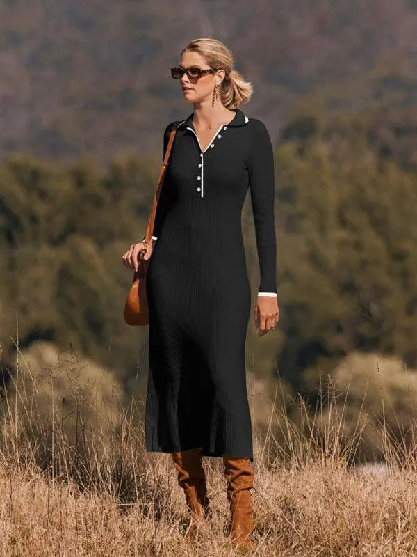 Fashionable Lapel Slim Fit Knitted Dress -Guocali