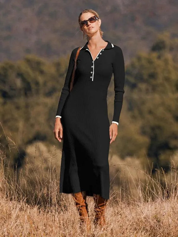 Fashionable Lapel Slim Fit Knitted Dress -Guocali