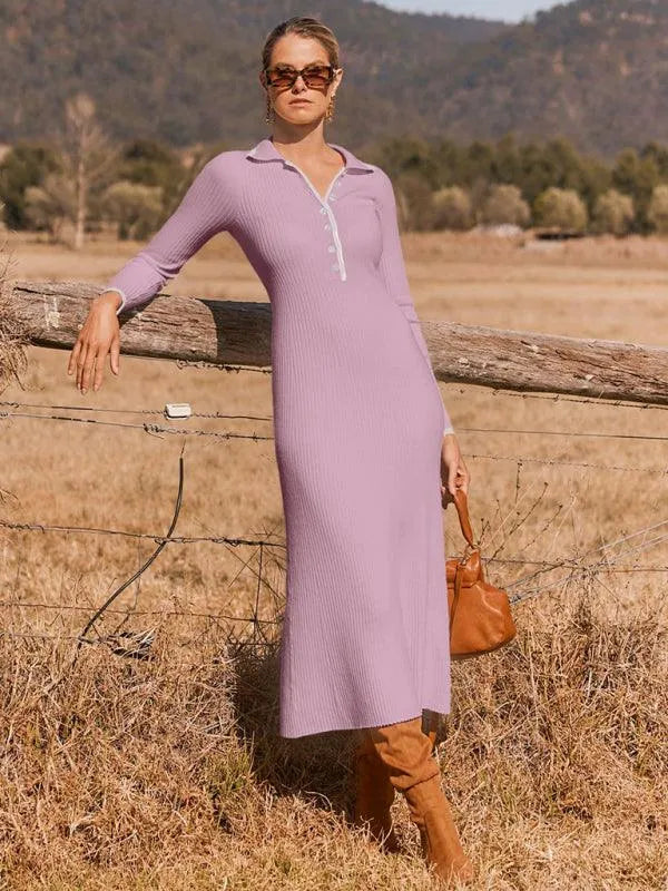 Fashionable Lapel Slim Fit Knitted Dress -Guocali