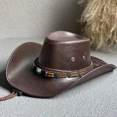 Unisex faux leather cowboy hat with beaded band on a textured surface, GUOCALI fashion.
