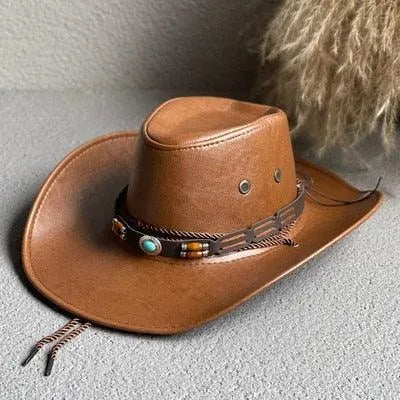 Brown faux leather Western cowboy hat with beaded band on grey surface, GUOCALI fashion