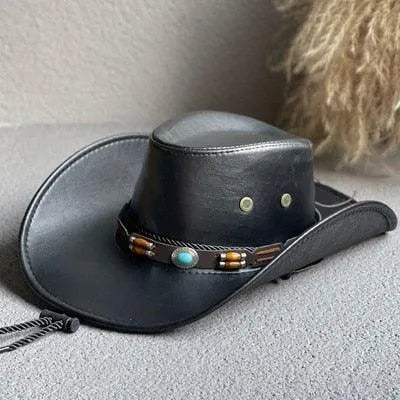 GUOCALI faux leather western cowboy hat with turquoise and bead band on a grey surface