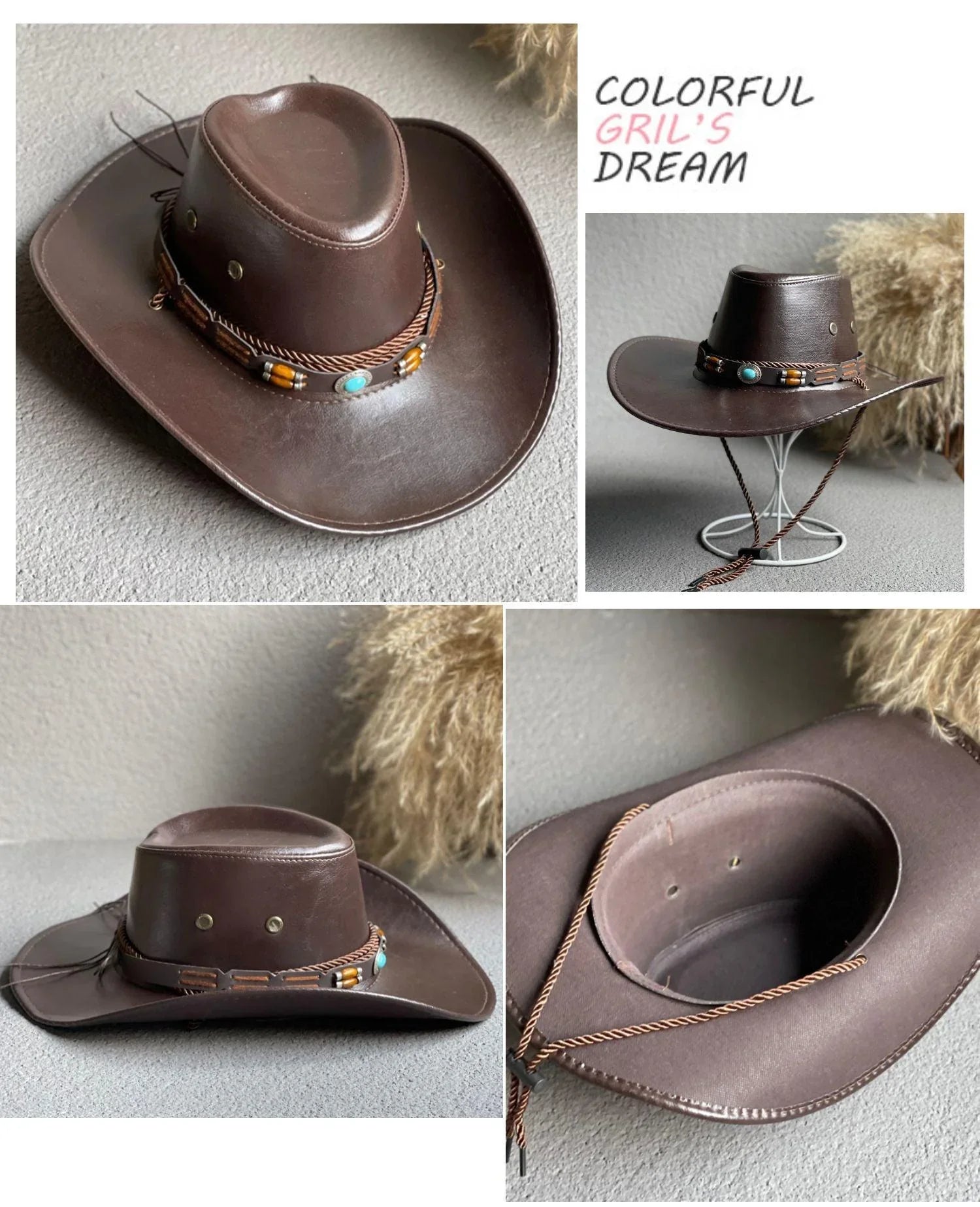 Brown faux leather western cowboy hat with beaded band, unisex, shown on gray surface