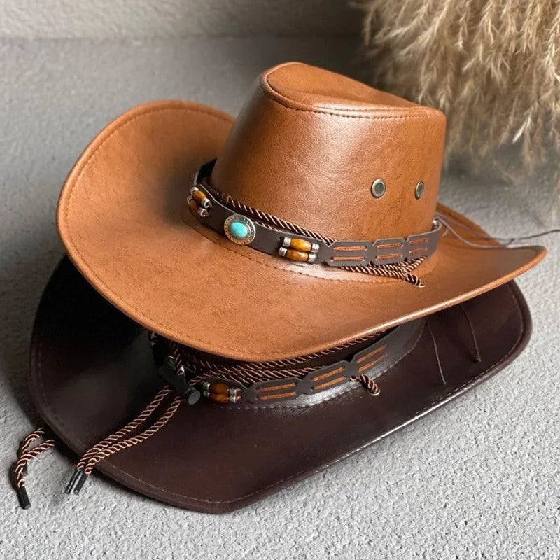 Faux leather western cowboy hats with decorative bands, GUOCALI Paris fashion accessory.