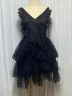 Feather Hollow V-Neck Suspender Dress -Guocali