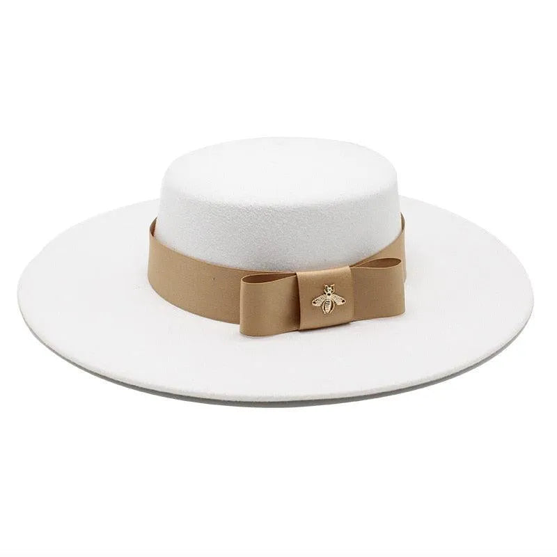 White flat-top fedora hat for women with tan bow and gold bee accent, GUOCALI Paris