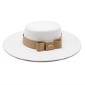 White flat-top fedora hat for women with tan bow and gold bee accent, GUOCALI Paris